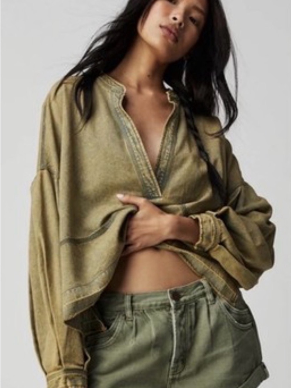 FP “We The Free” Jude Denim Oversized Washed Olive Green V-Neck Oversized Tunic